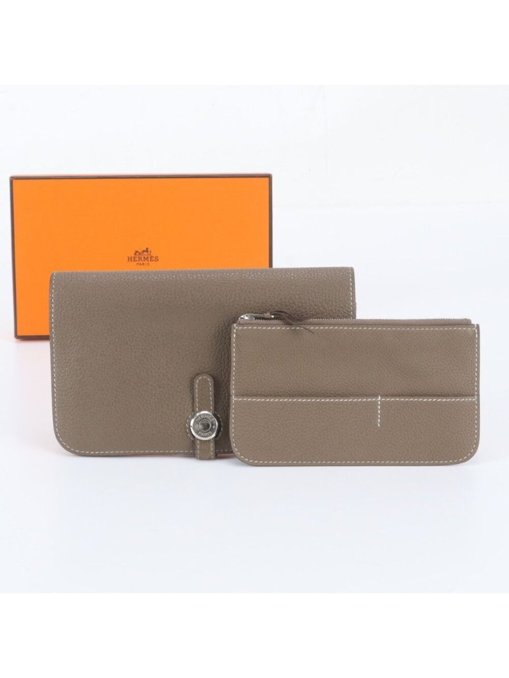 Hermes Dogon Duo GM Leather Wallet Bifold Compact Etoupe